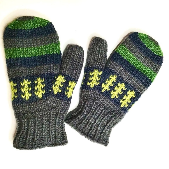 Cozy Dark Gray Knitted Mittens with Bright Green, Yellow and Navy Blue Stripes - Picture 1 of 4
